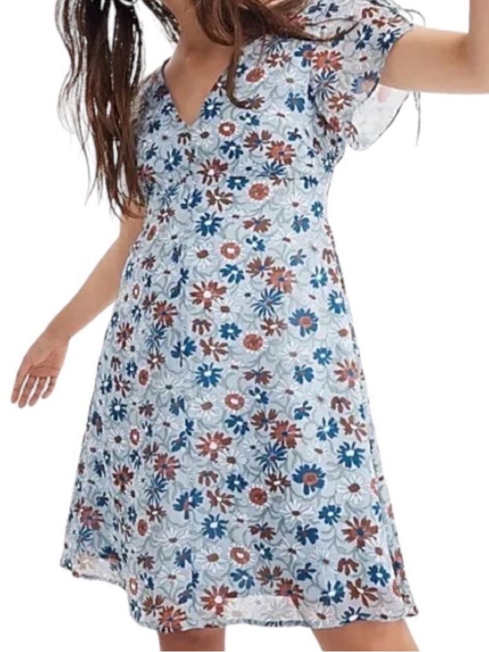Madewell Blue Wildflower Mini Dress Floral Tie Sleeve Smocked Back
